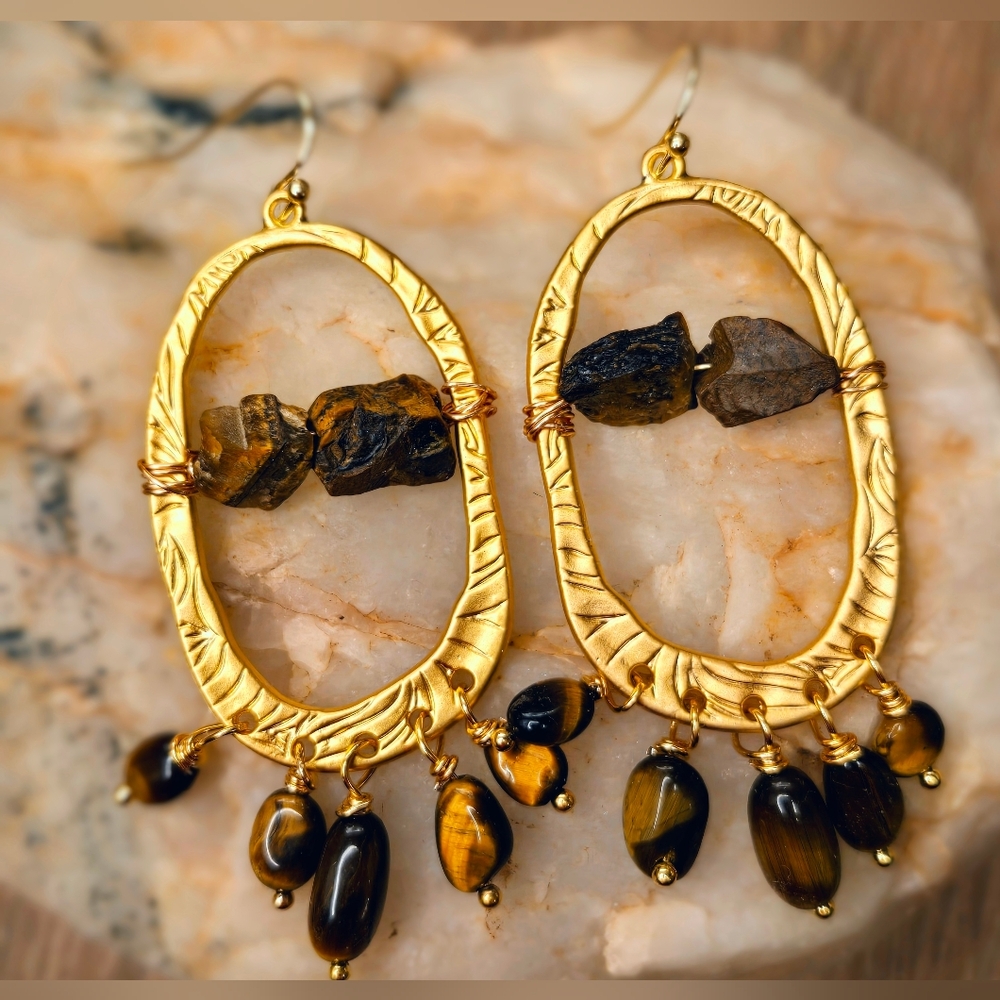 Natural Tiger's Eye In Hammered Gold For Ancient Protection Talisman Earrings
